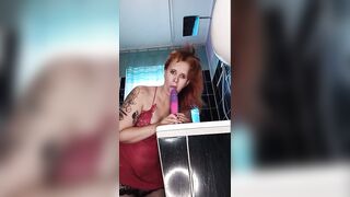 Milf fucks herself in the bathroom with dildo in the ass and gives a blowjob after the assfuck