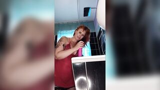 Milf fucks herself in the bathroom with dildo in the ass and gives a blowjob after the assfuck