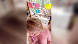 Blowjob in exhibition in a naturist campsite in France: Agathe sucks naked and cums in mouth