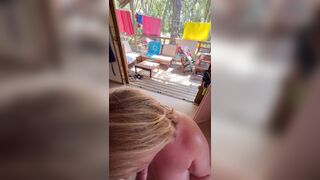 Blowjob in exhibition in a naturist campsite in France: Agathe sucks naked and cums in mouth